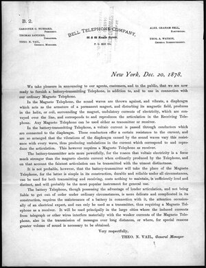Bell Dec 1878 battery telephone announcement
