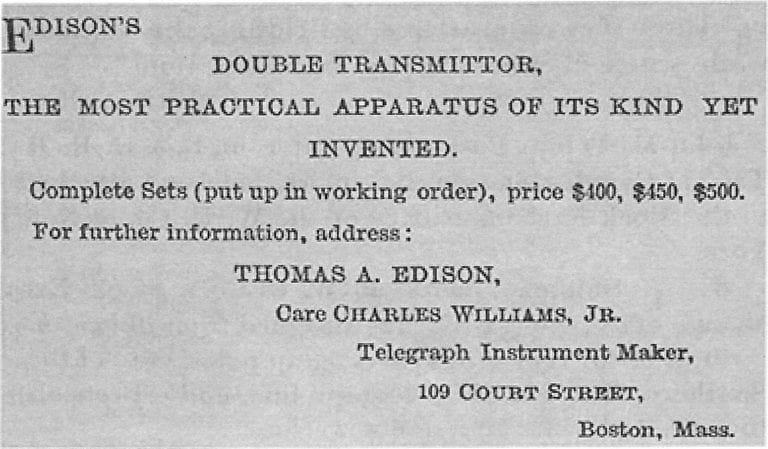 Edison telegraph "double transmittor" ad