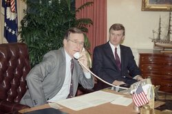 President Bush talks to the space shuttle Columbia with Dan Quayle