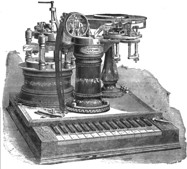 Phelps' "Electro-Motor Printing Telegraph" enables 60 WPM speed